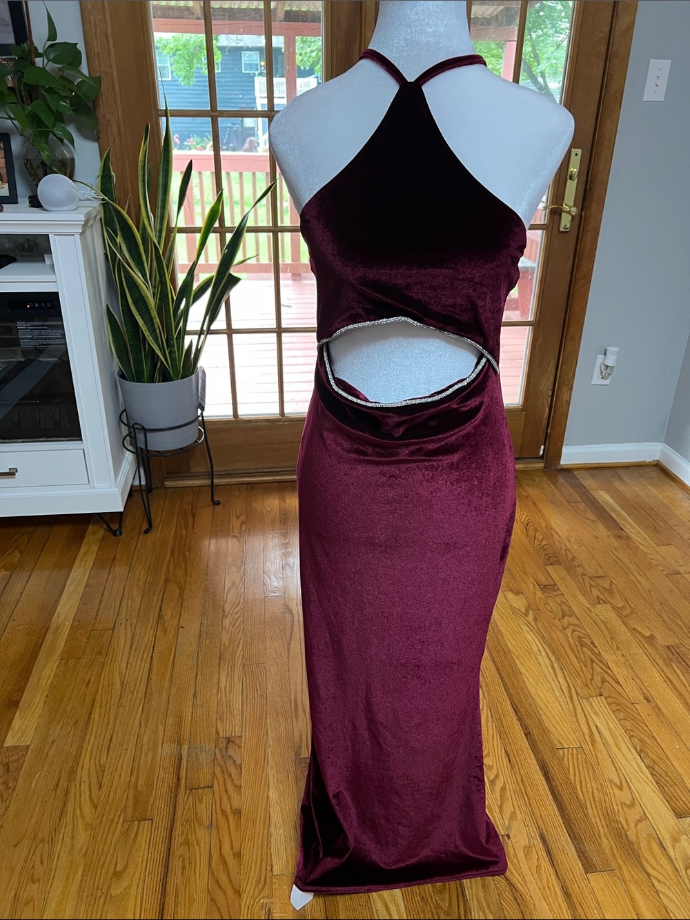 ASOS DESIGN Velvet Burgandy Halter Cut Out Midi Dress with Diamante Trim - US 8